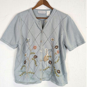 Vtg Alfred Dunner Floral Embroidered Cardigan Sweater Blue Crane XL Petite Gram